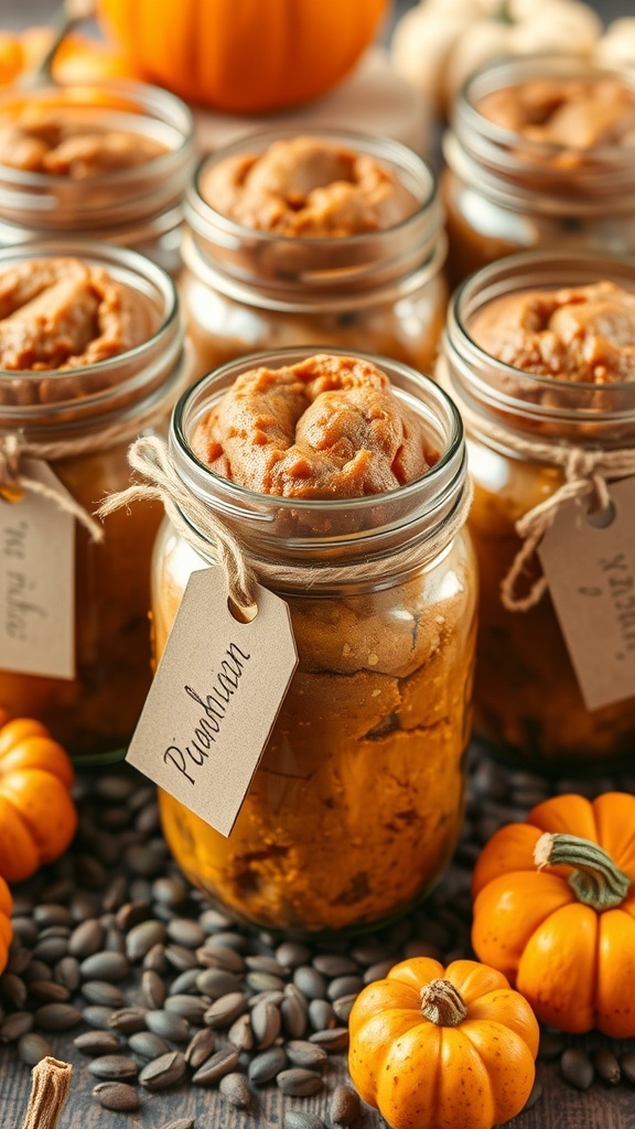 Pumpkin Bread in a Jar Recipe Pumpkin bread in jars, decorated with twine and tags, surrounded by pumpkins and seeds.